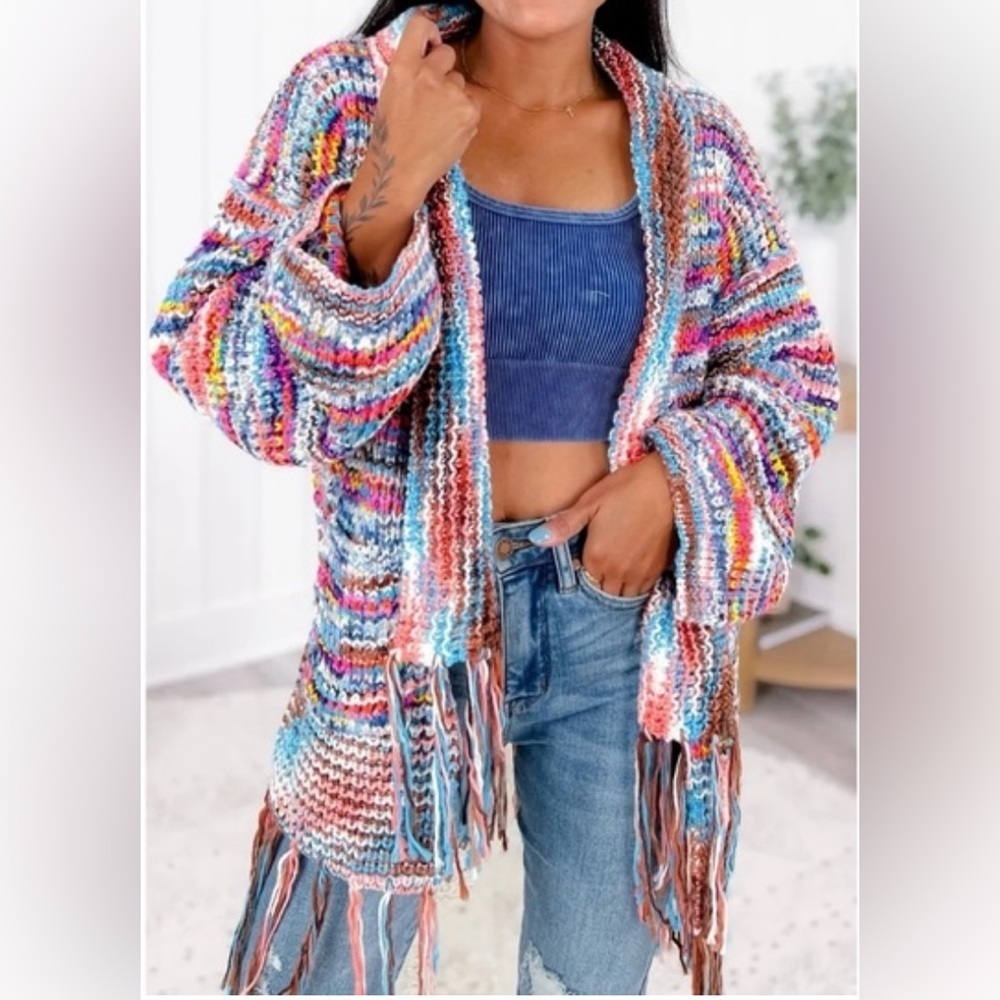 POL Multicolor Knit Cardigan with Fringe